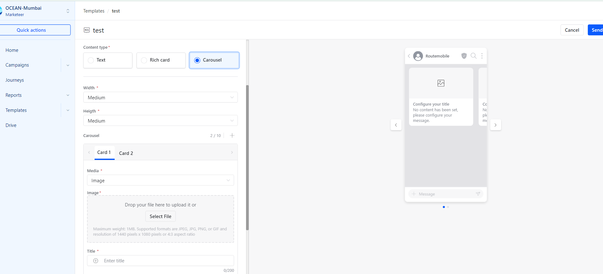 RCS carousel template configuration
