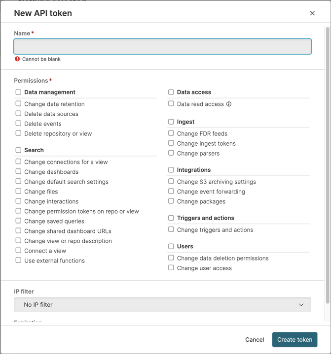 FIG. 1 - Creating an API Token for LogScale in the UI