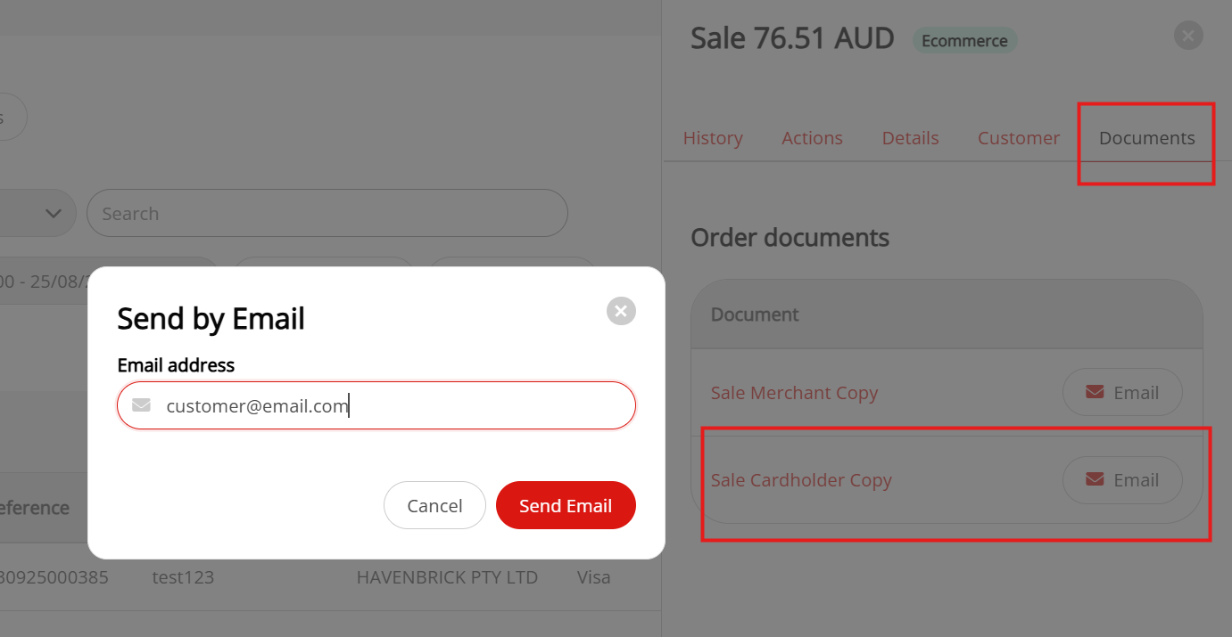 The email prompt box to input the receipient email address. Merchant copies pre-populate with the merchant's email address.