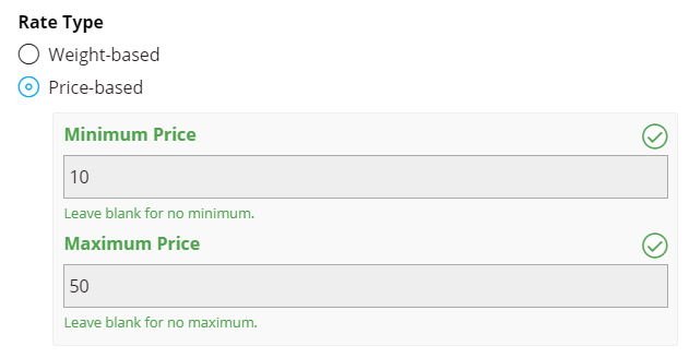 In this example, any order with a total price between $10 and $50 will have the option to use the custom rate.