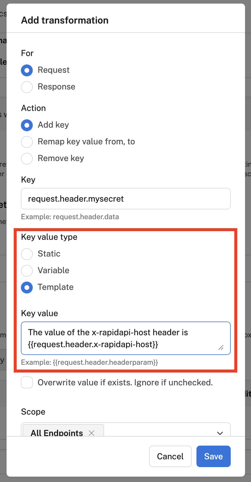 Setting a Template value for the new 'mysecret' header.