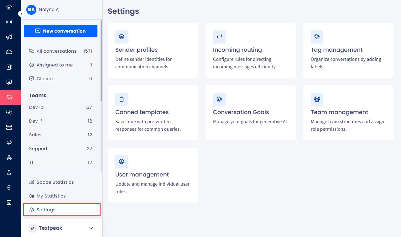 A screenshot of the Inbox > Settings page