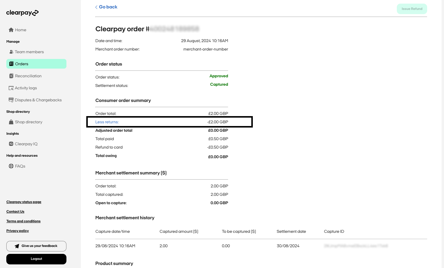 The order page with a line item called Less Returns highlighted