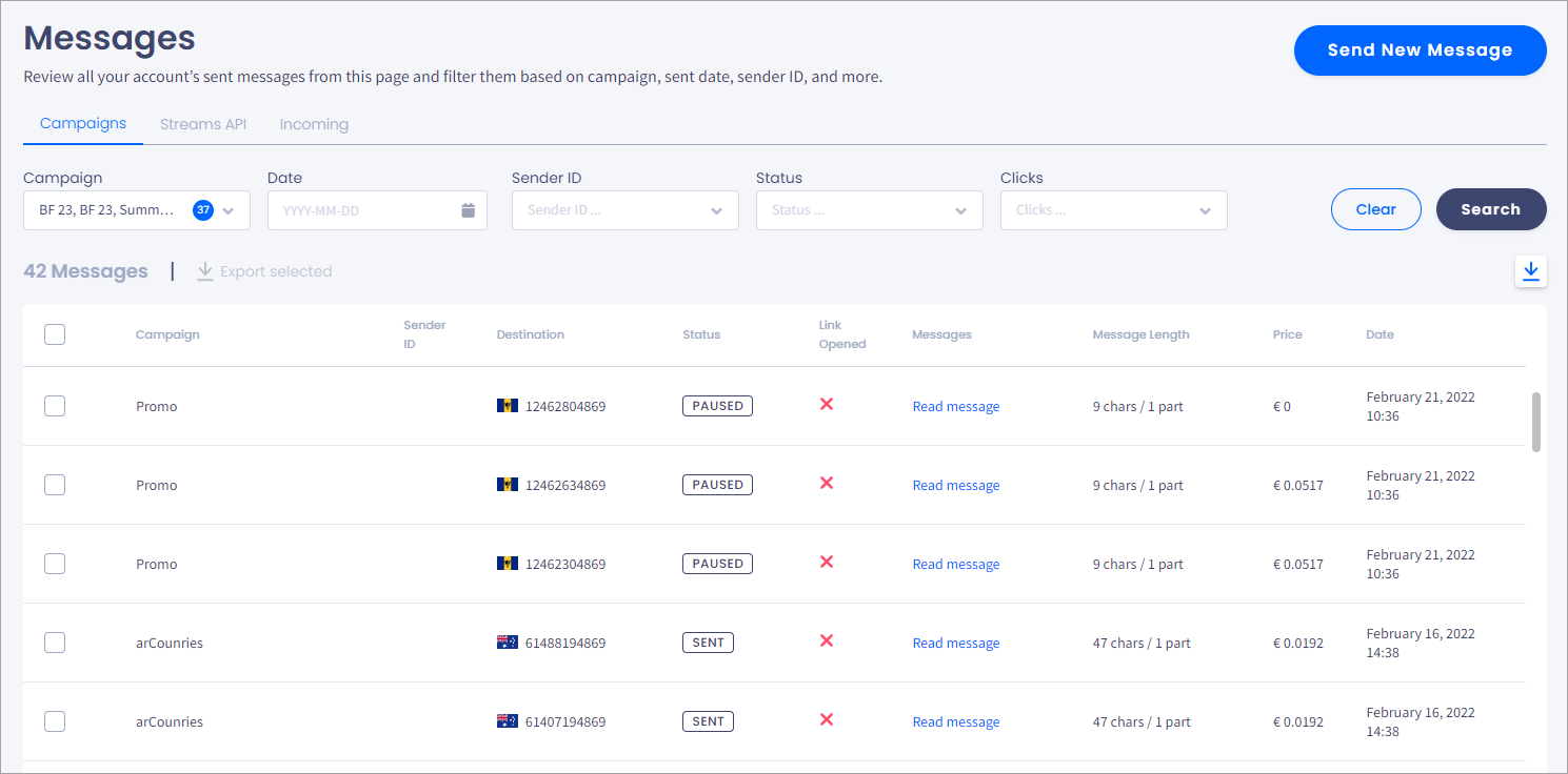 Screenshot of the **Messages > Campaigns** tab