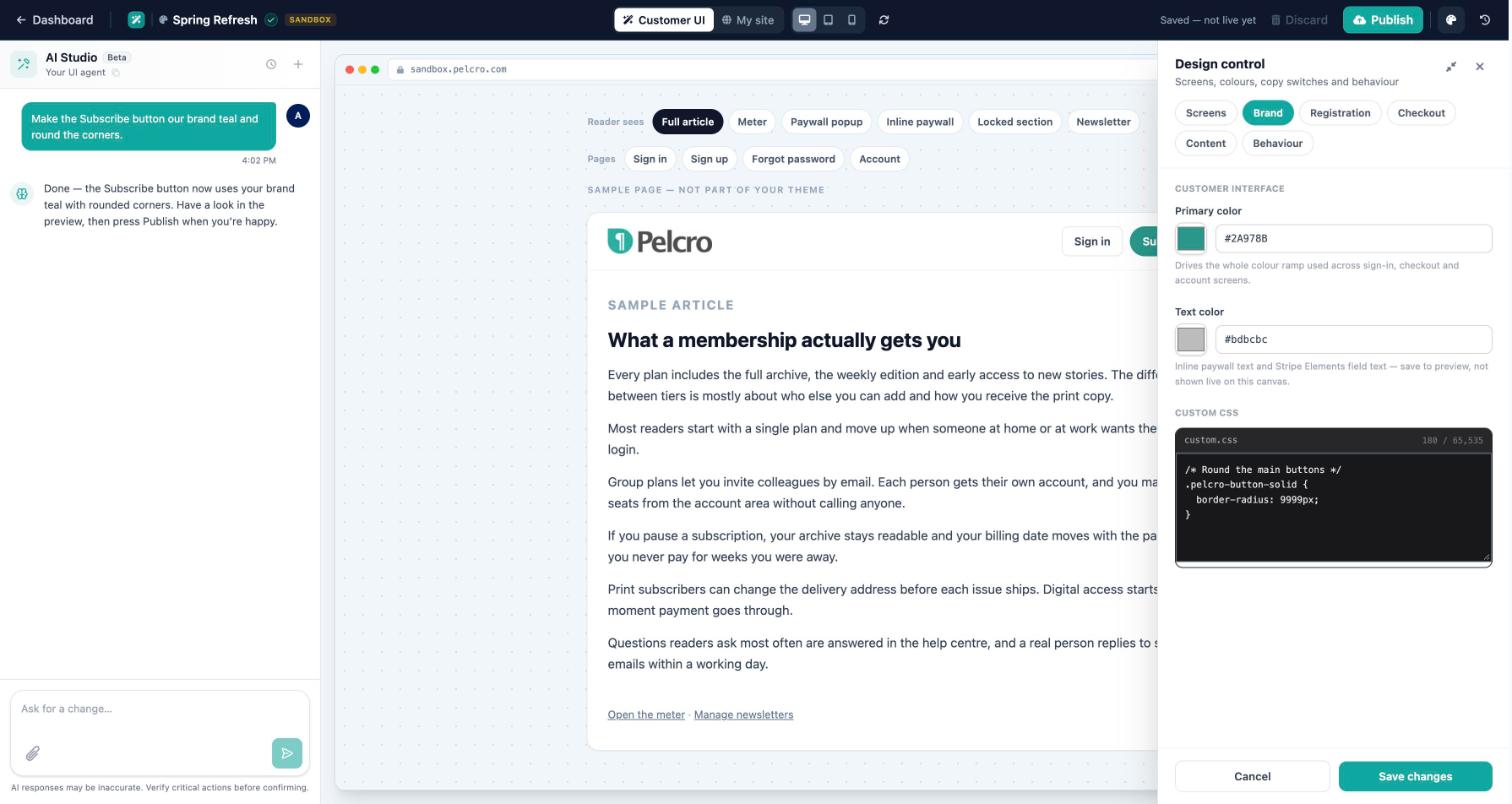 Design control panel open on the Brand tab