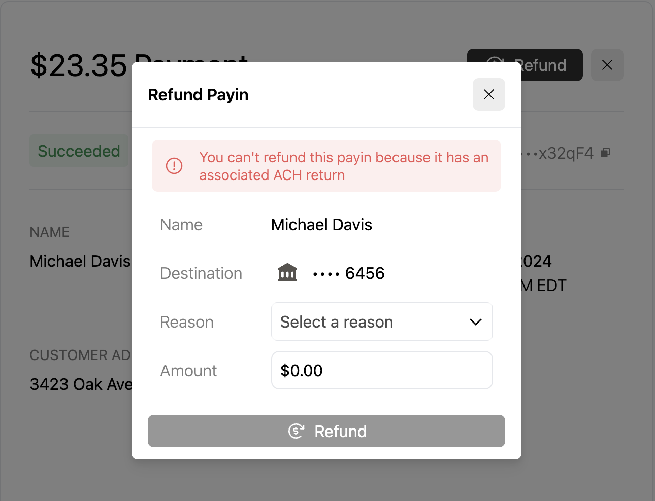 Refund modal for "refund" with a nonrefundable reason