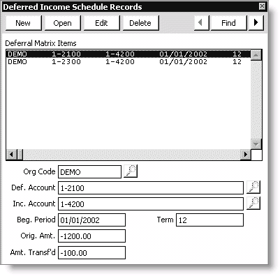 The Deferred Income Schedule Records window.