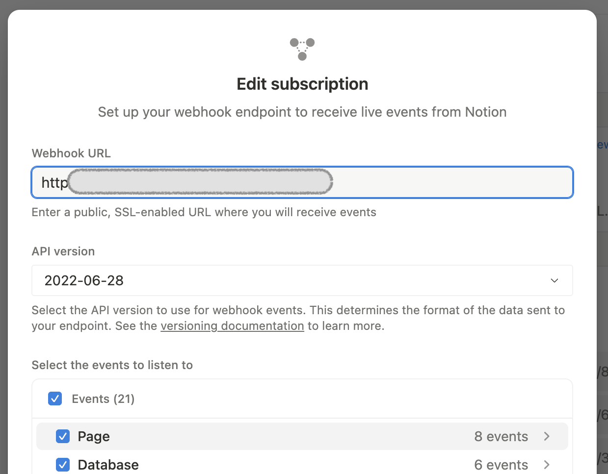 Screenshot of the integration webhook "Edit subscription" form, with the new "API version" dropdown menu.