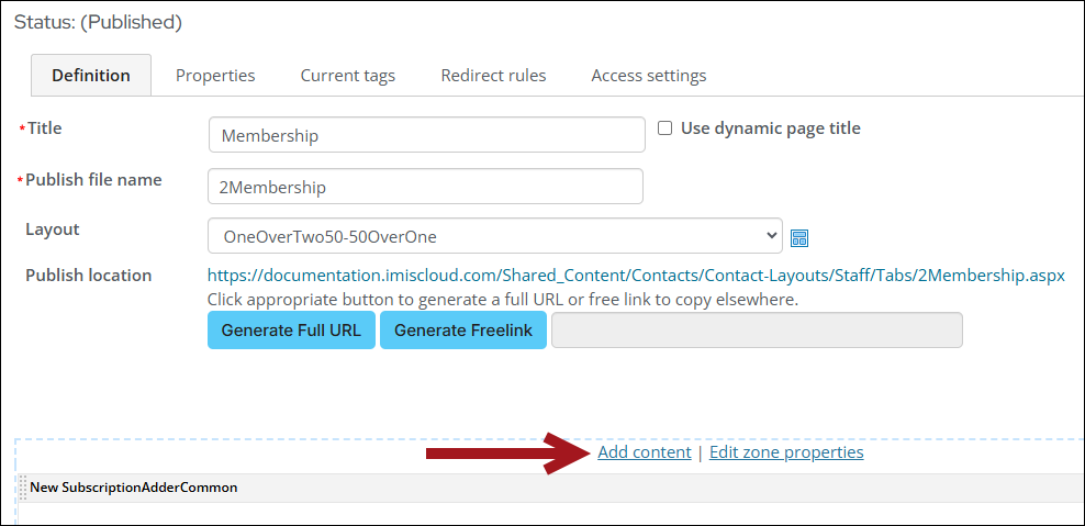 Clicking the add content link