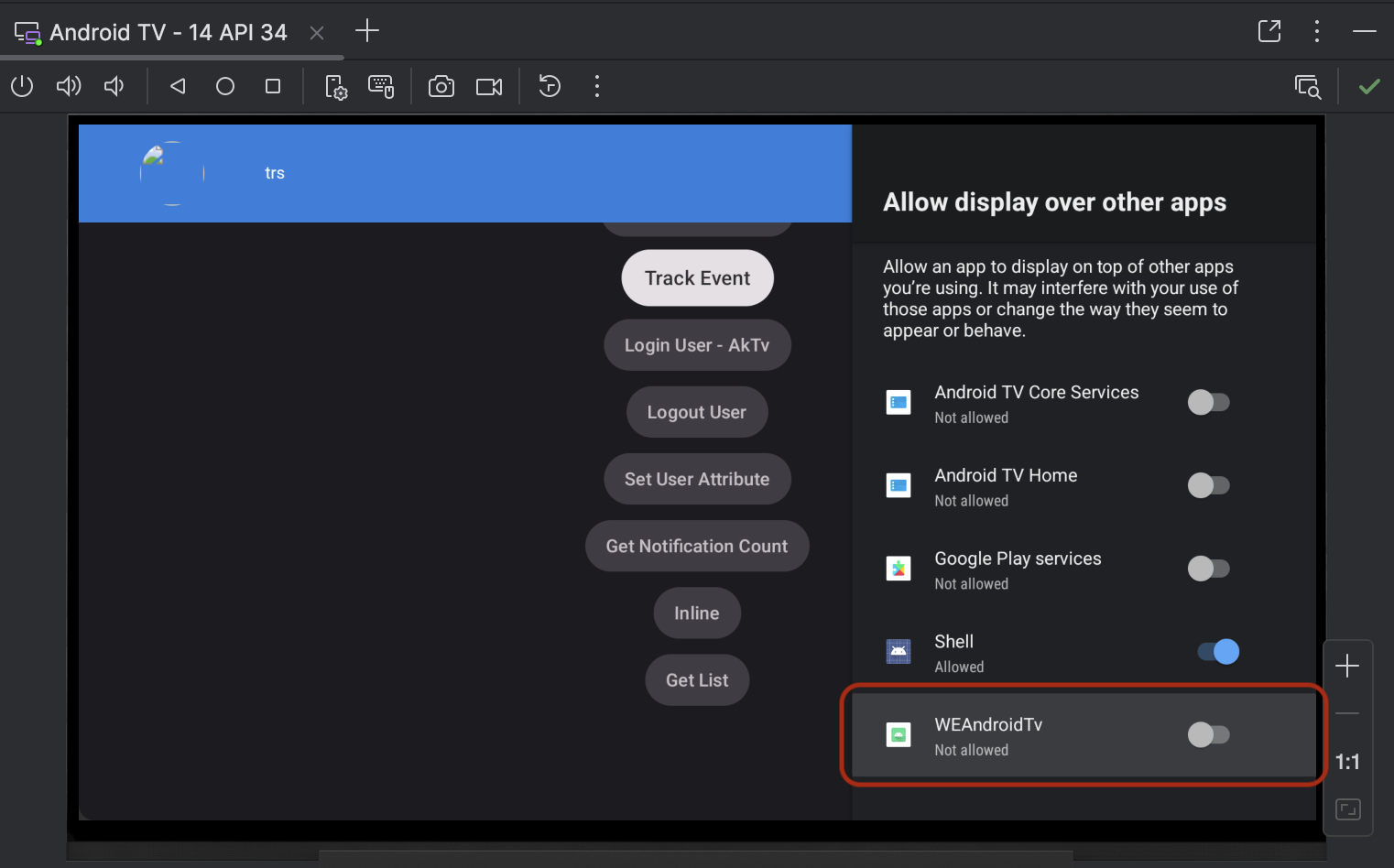 Android system settings screen requesting Overlay Permission