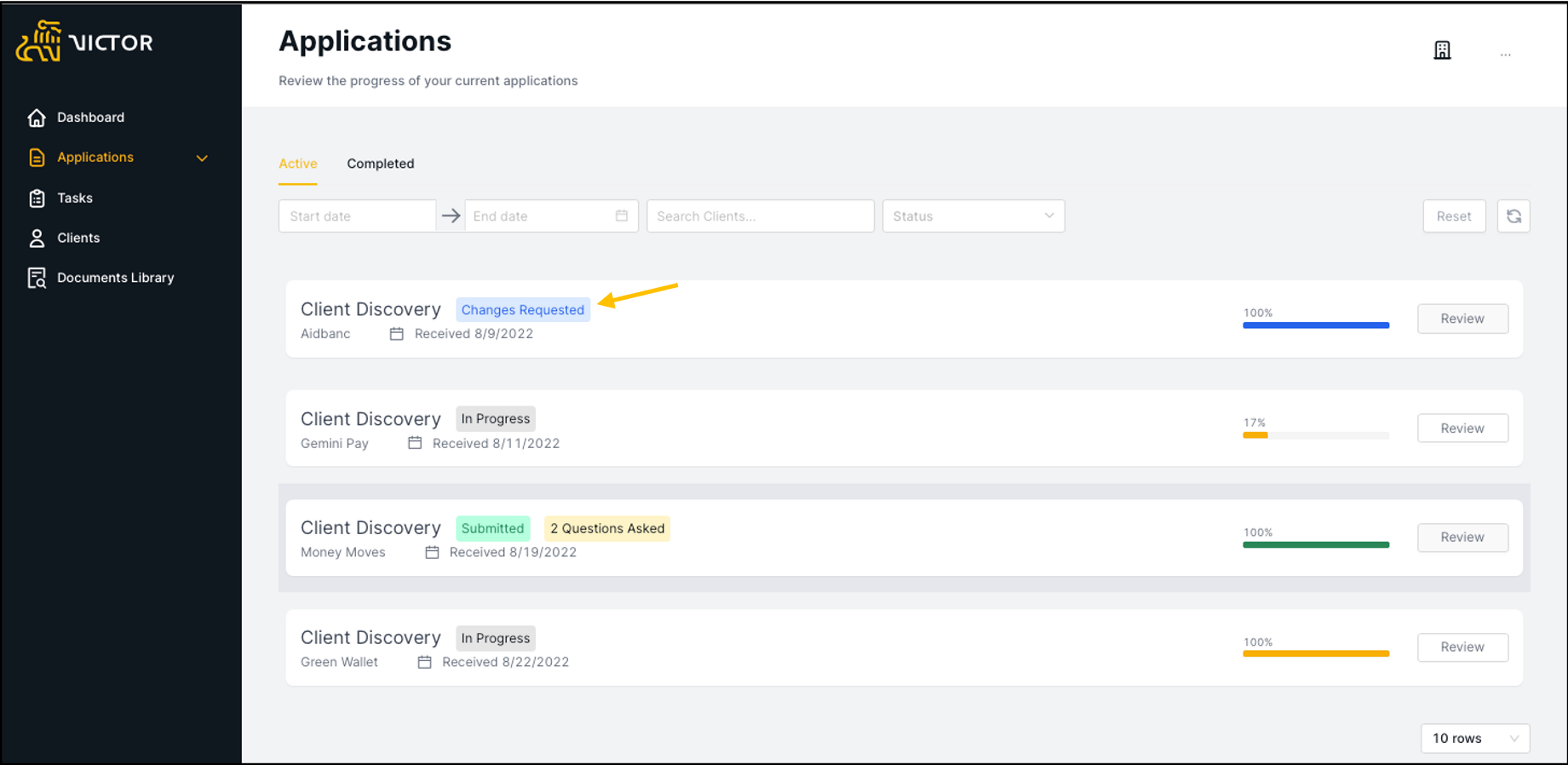 Figure 29. Application dashboard indicates changes have been requested