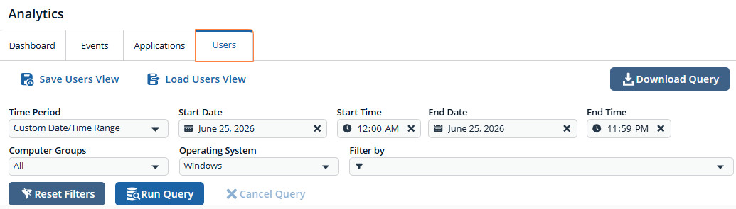 The filters for Users analytics