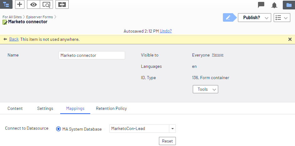 Screenshot of the Extra field mappings tab where mapping a form field to the Marketo Lead database field