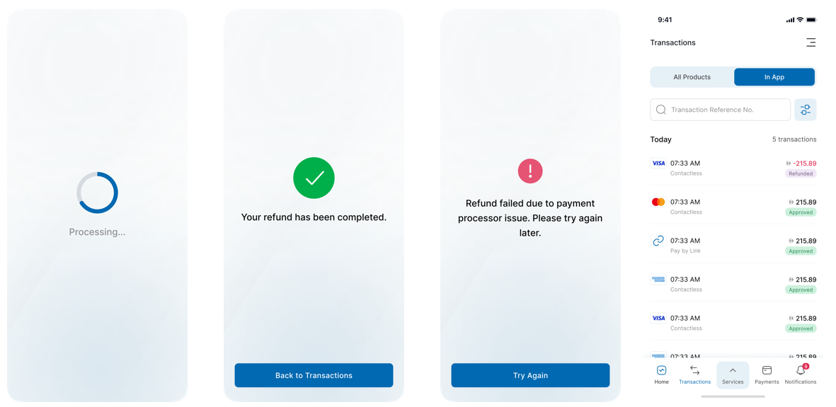 Refund confirmation screen showing refund amount and success message.