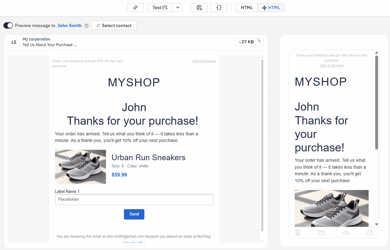 Email preview in the desktop and mobile versions