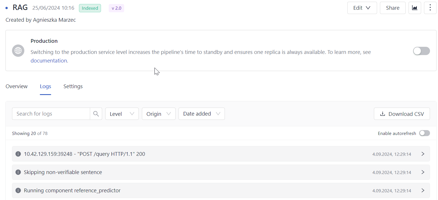 The pipeline details page for a RAG pipeline with the logs tab opened and information messages displayed.