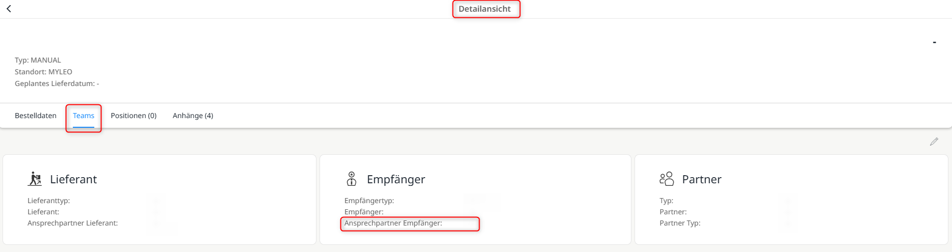 Anzeige des Ansprechpartners des Empfängers in der Detailansicht