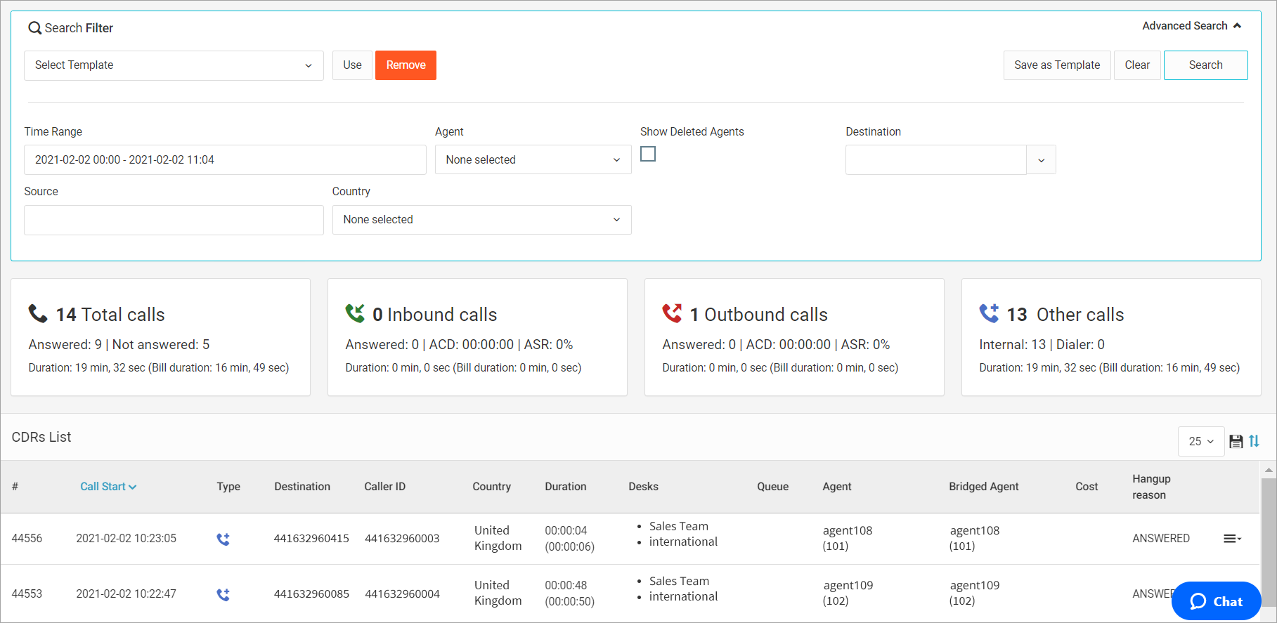 Screenshot of the CDRs > CDRs List page