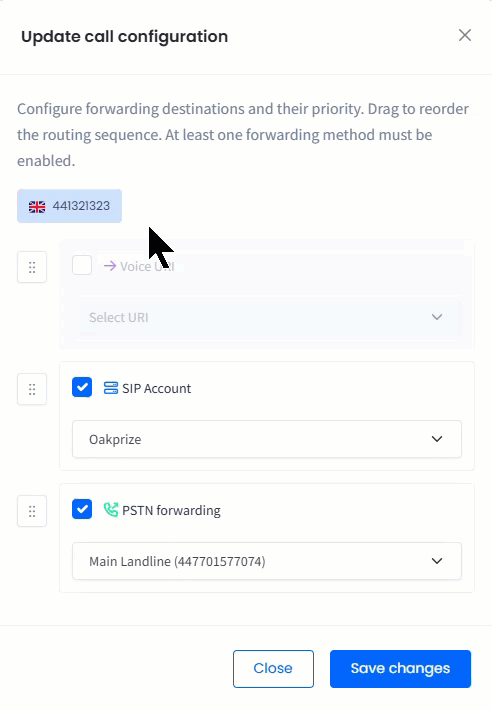 Working in the Update call configuration window