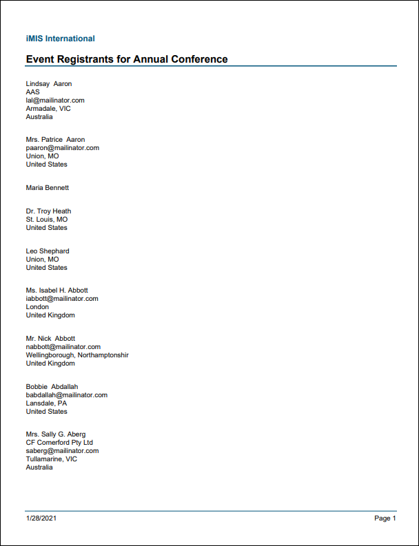 Viewing the Event Registrants report example
