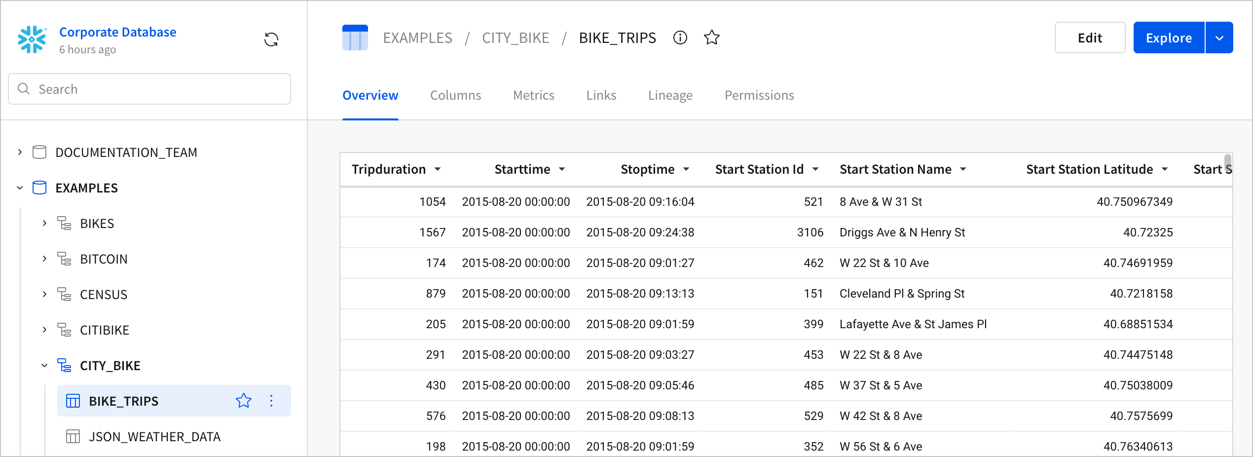 The browse connection view, showing a table available through the connection