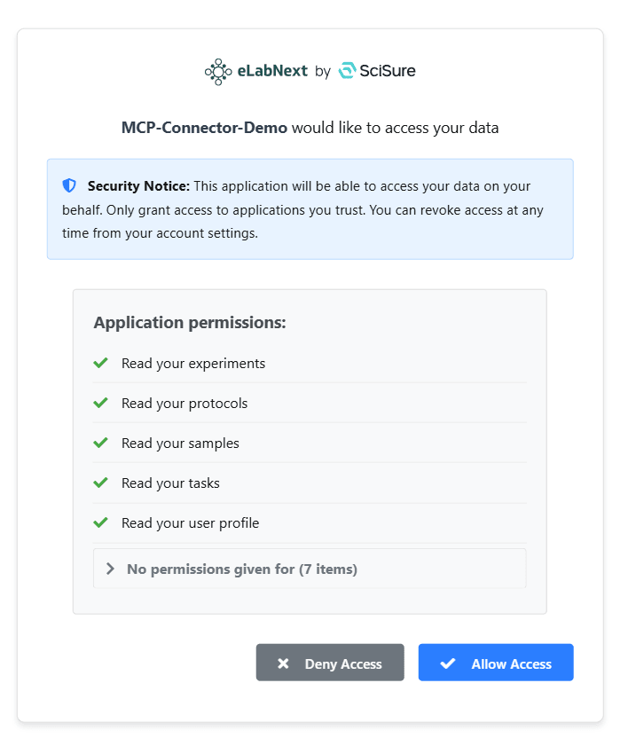 SciSure Research authorization page listing application permissions with Deny Access and Allow Access buttons