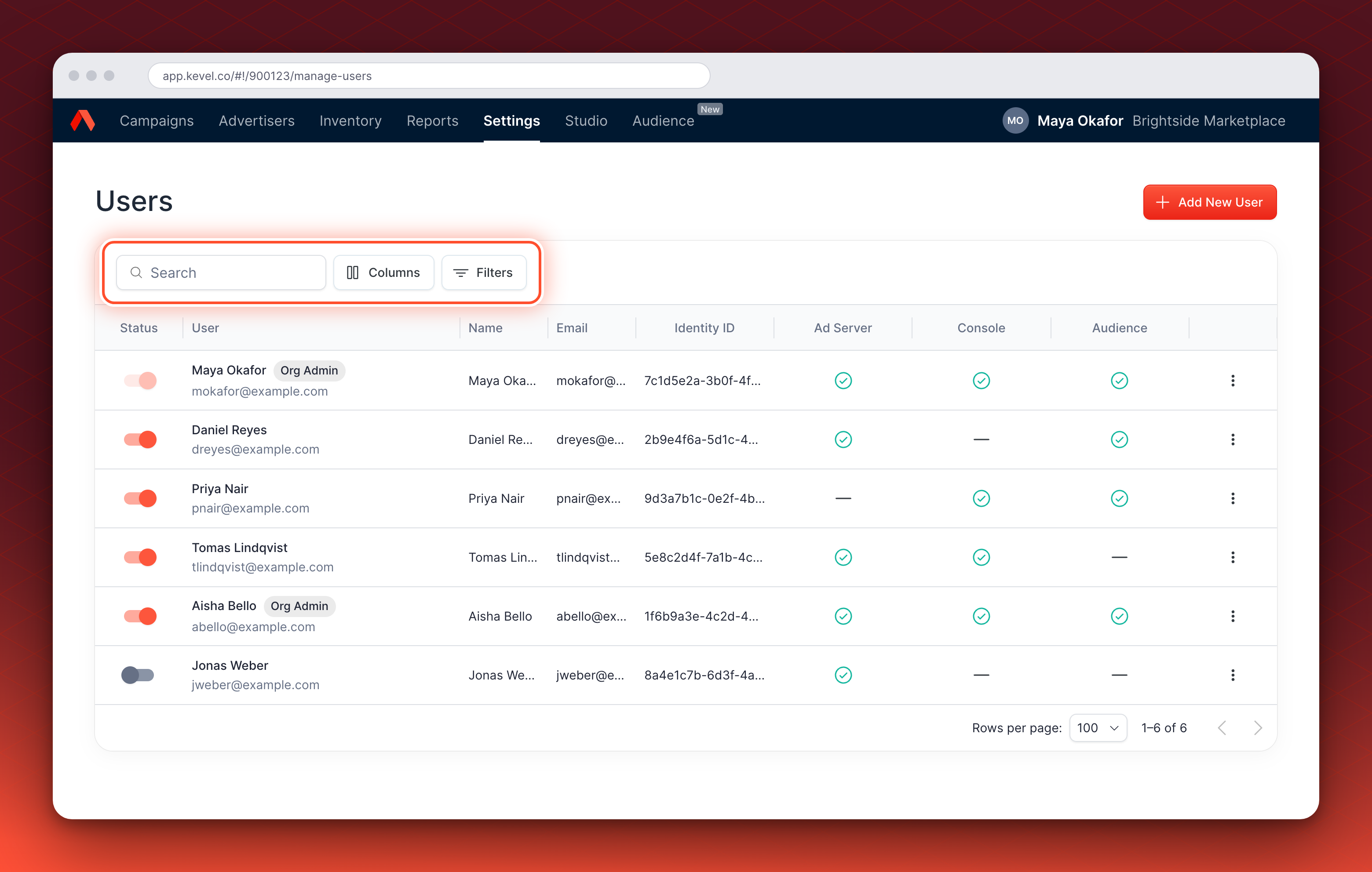 The Users page listing six users with their status, Identity ID, and Ad Server, Console, and Audience access. The Search box, Columns button, and Filters button are circled.