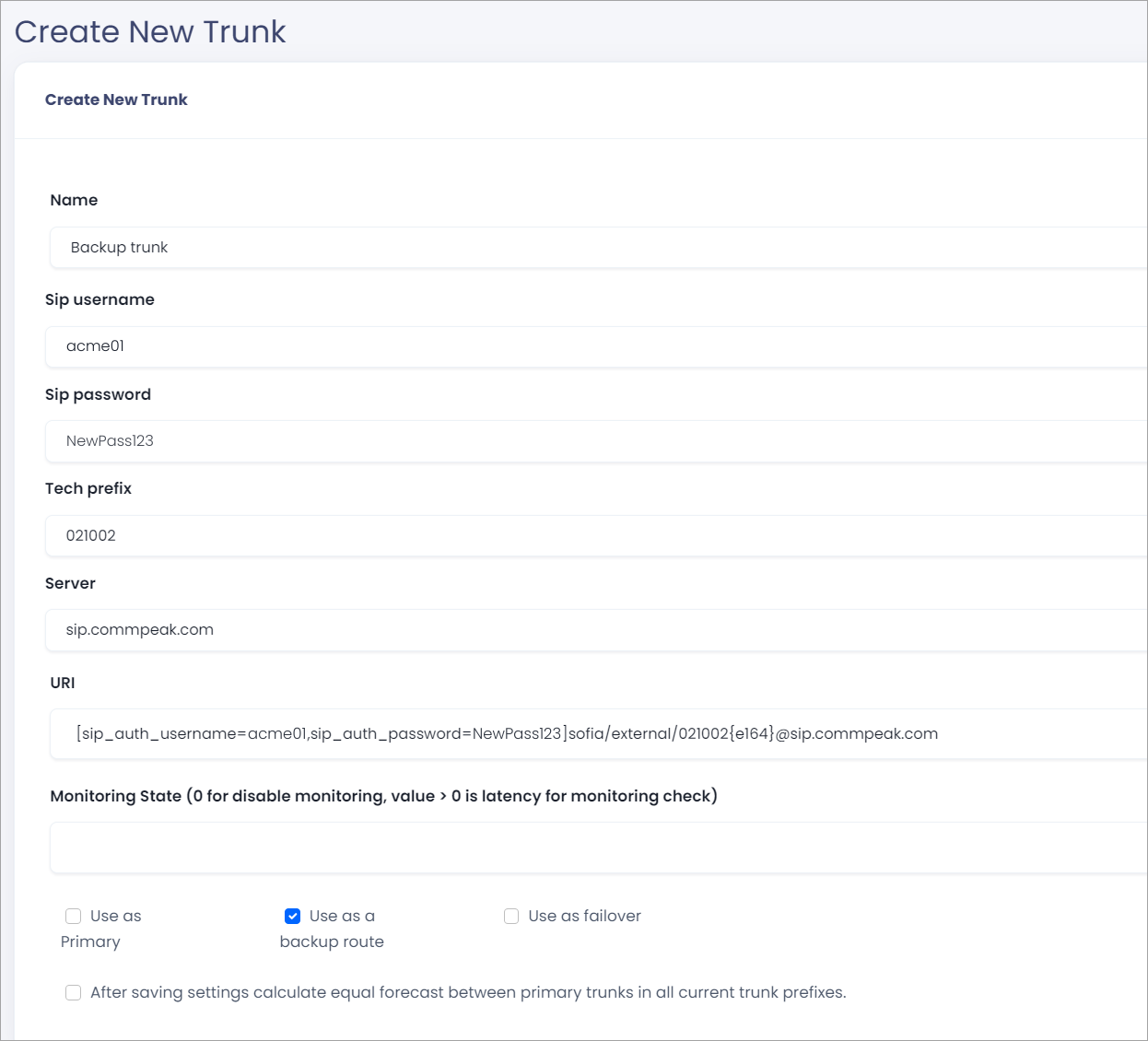 Screenshot with the trunk settings