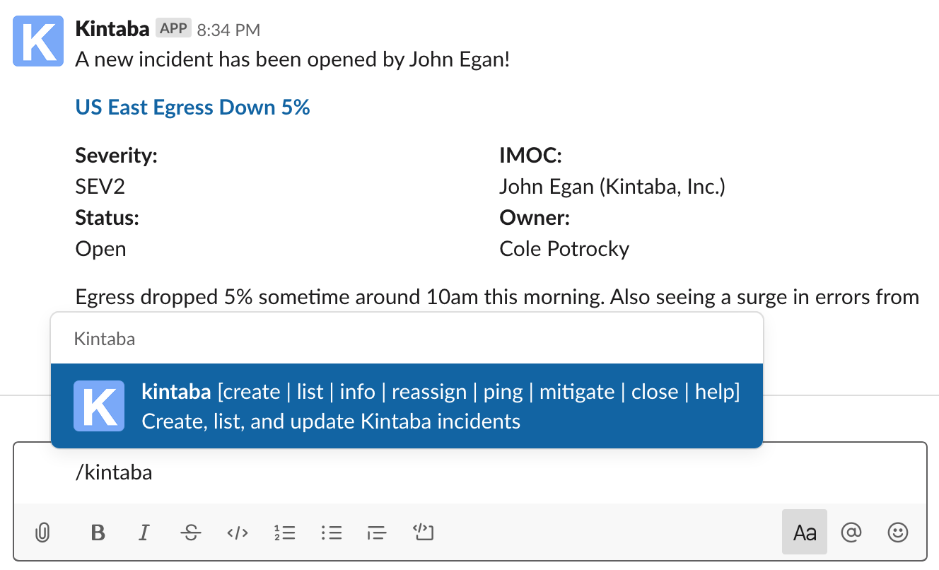 Kintaba reporting a new incident in the slack Announce channel