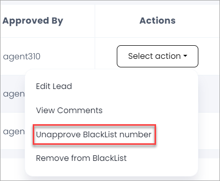 Screenshot of unapproving blacklisted number