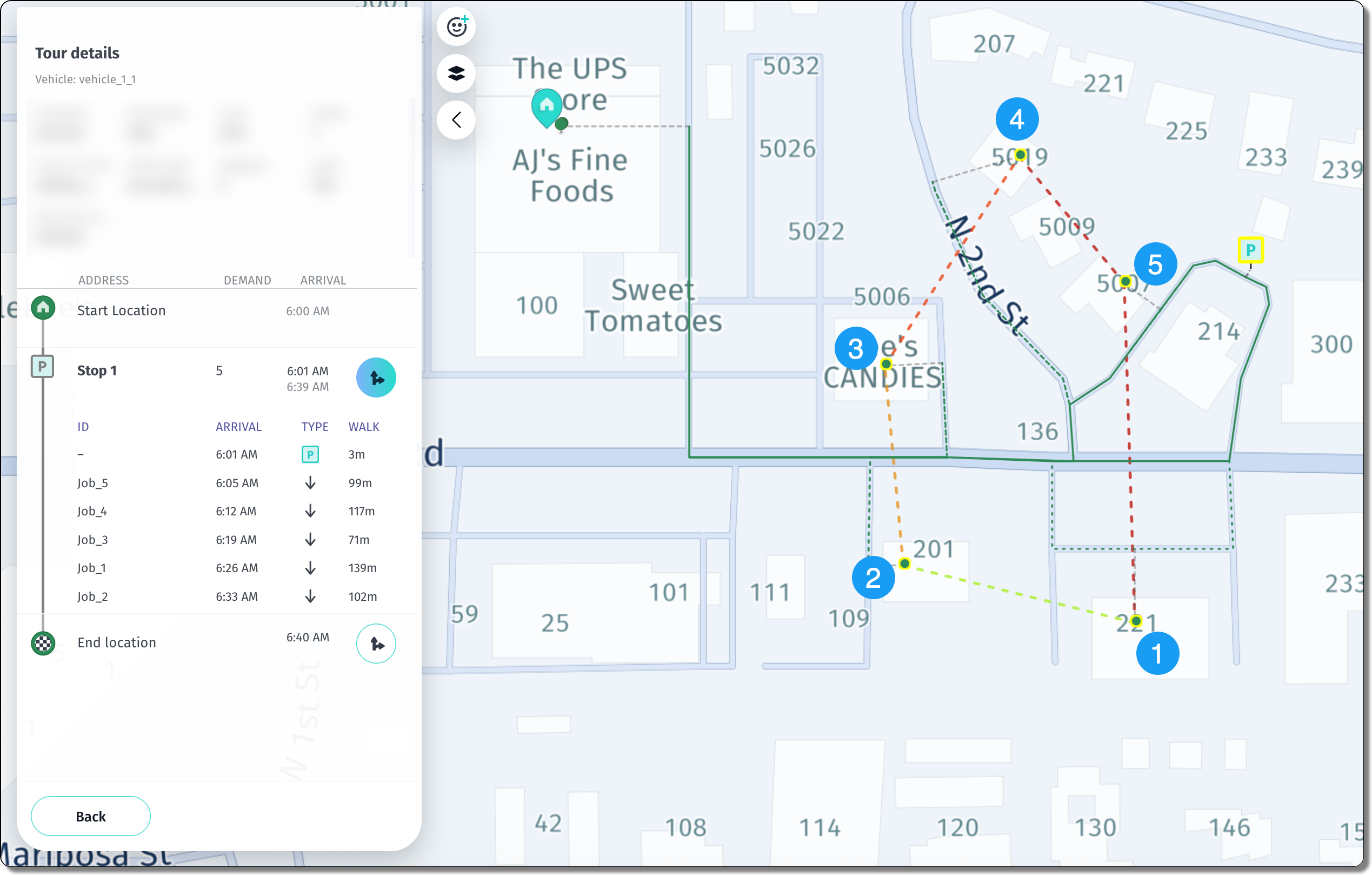 Solution showing the selected parking location and optimized delivery sequence
