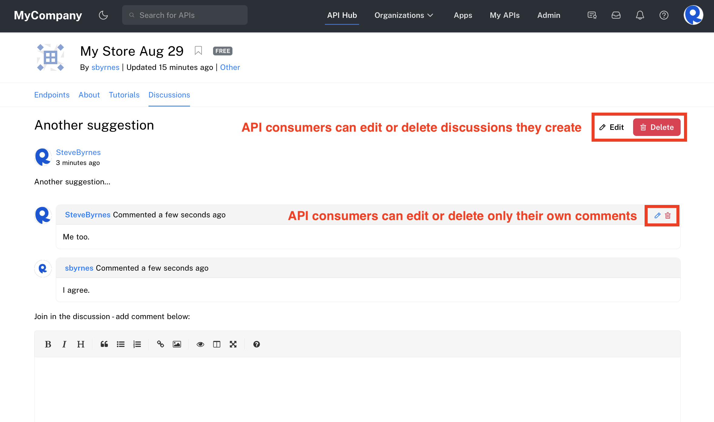 An API consumer viewing a discussion they created.
