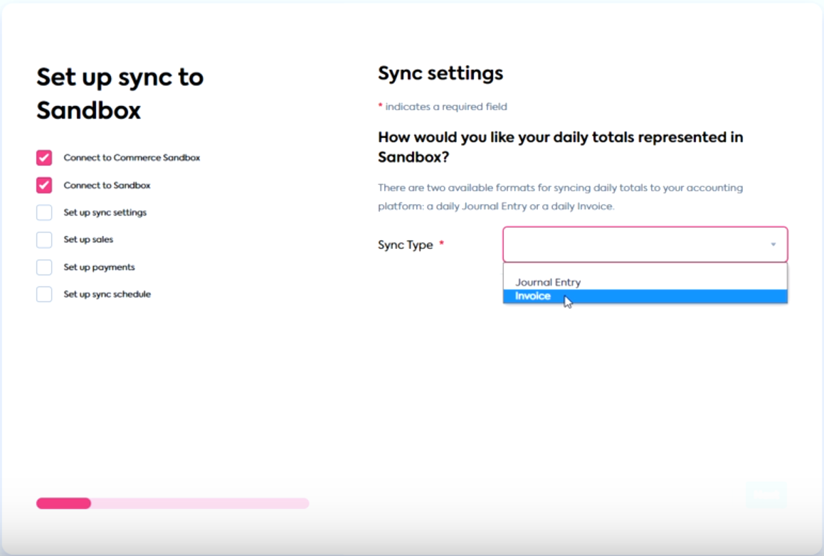 Choosing the sync type in the Sync Flow