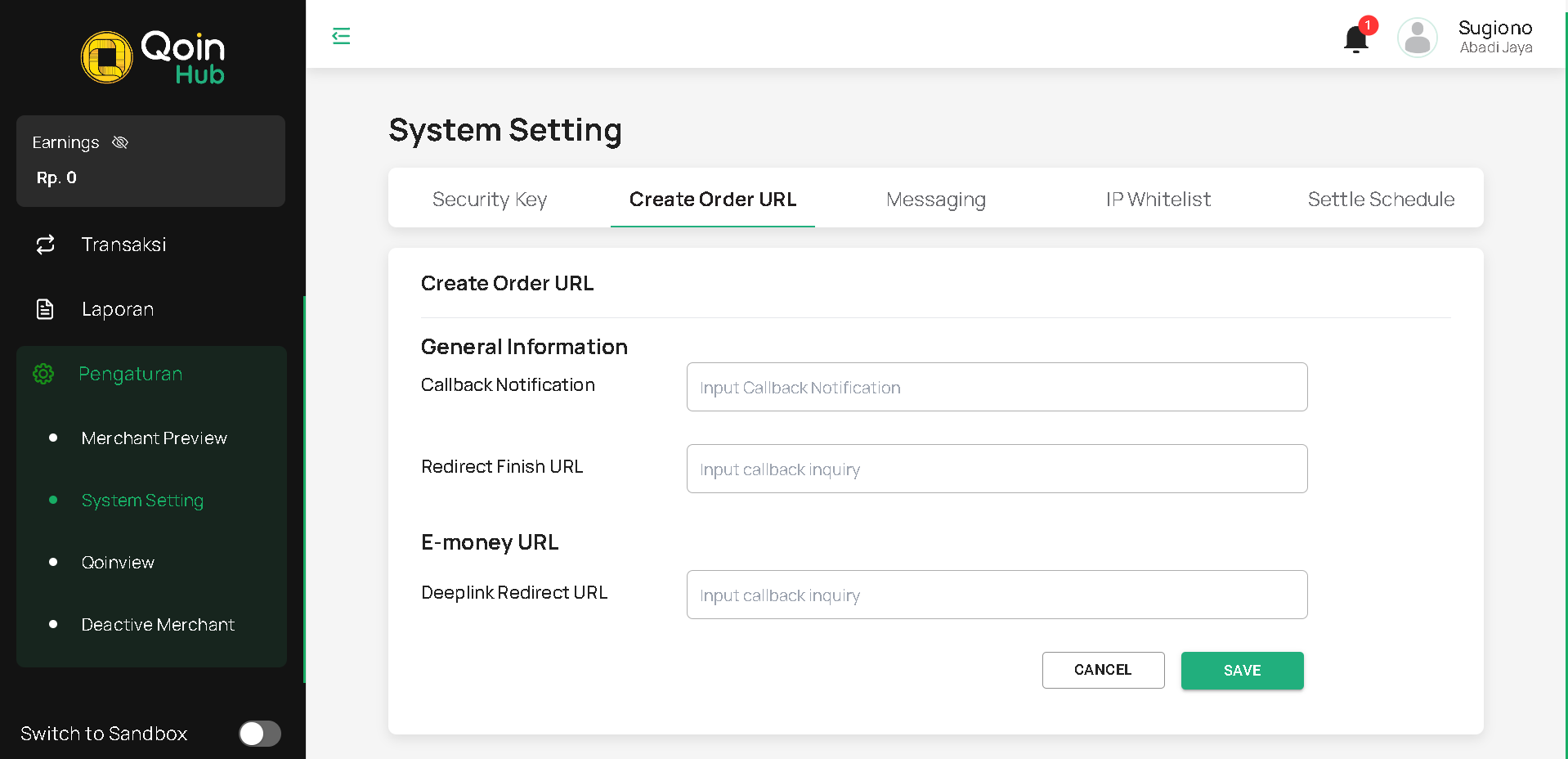 Halaman System Setting Create Order URL – Edit