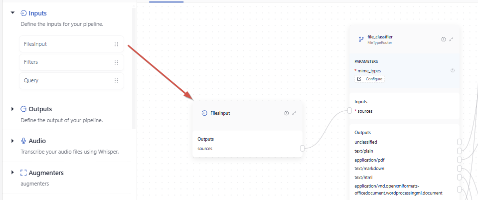 The FilesInput component from the Inputs group in Studio added as the first component of an indexing pipeline