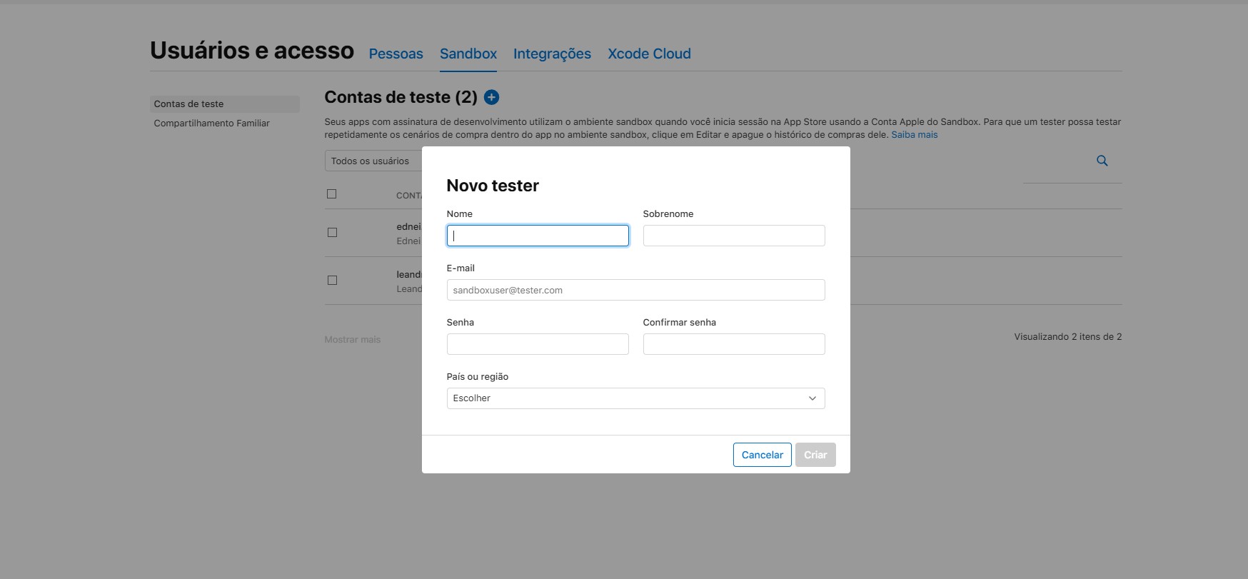 Tela de criação de um novo usuário sandbox na Apple Developer
