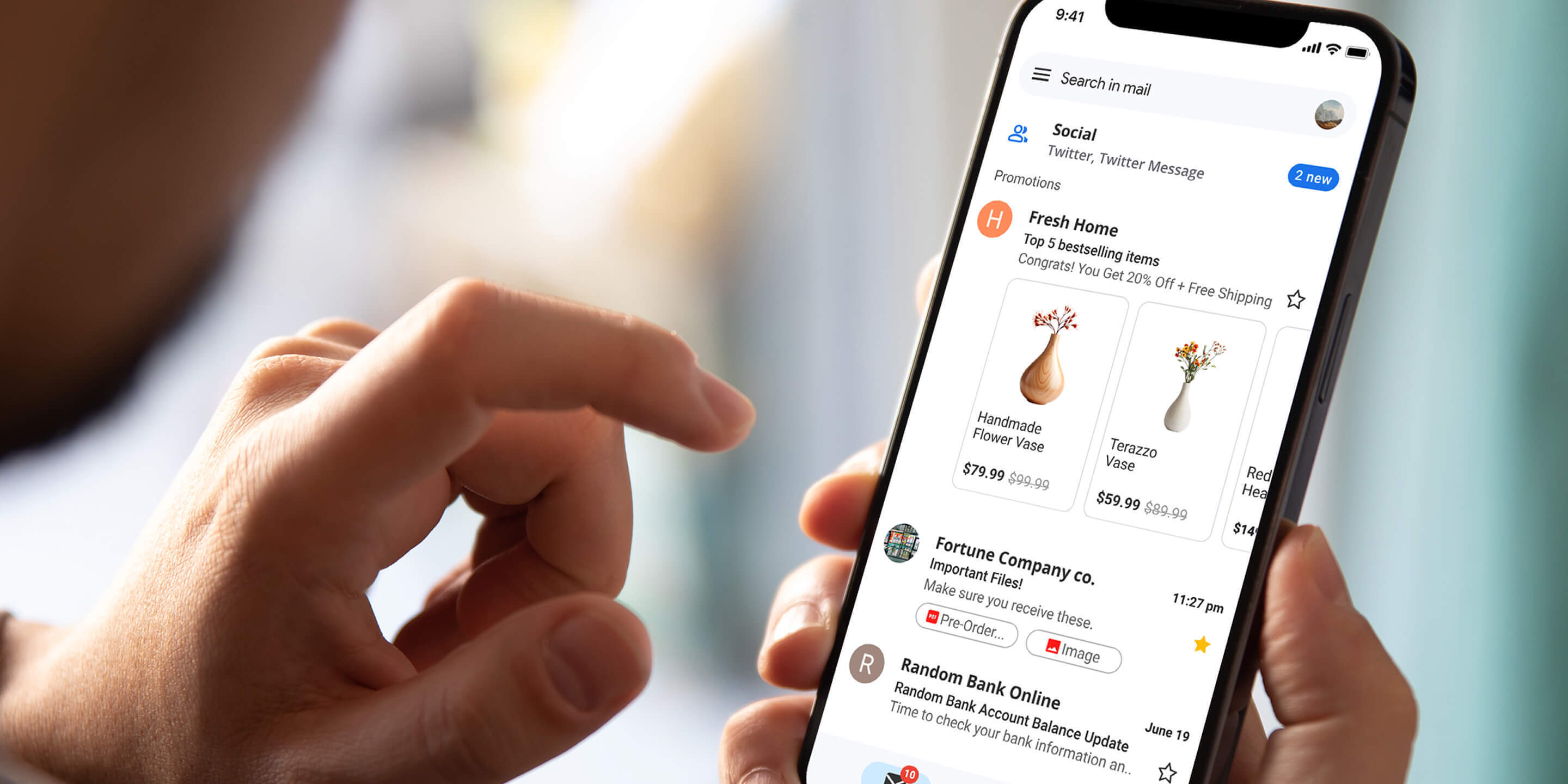 Person using a smartphone displaying Gmail Promotions tab with an email featuring a product carousel, images, prices, and a free shipping offer.