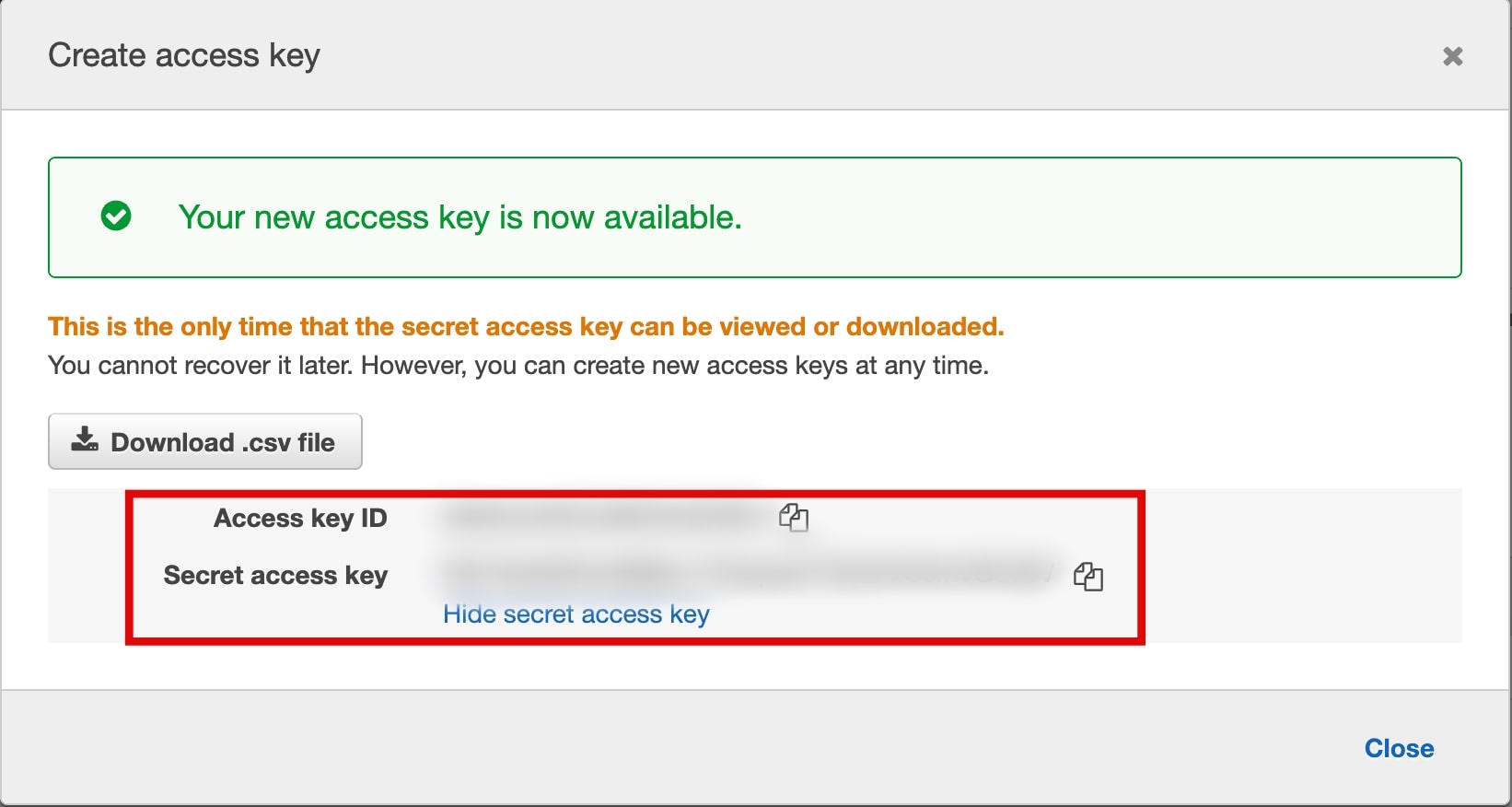 Access key ID and Secret access key window.