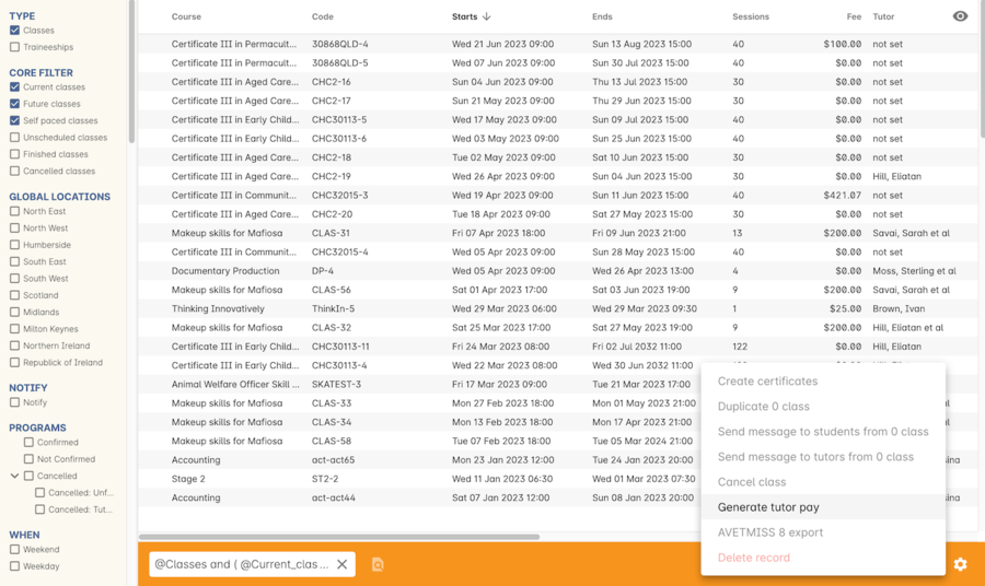 Figure 384. Generating tutor pay from the class window