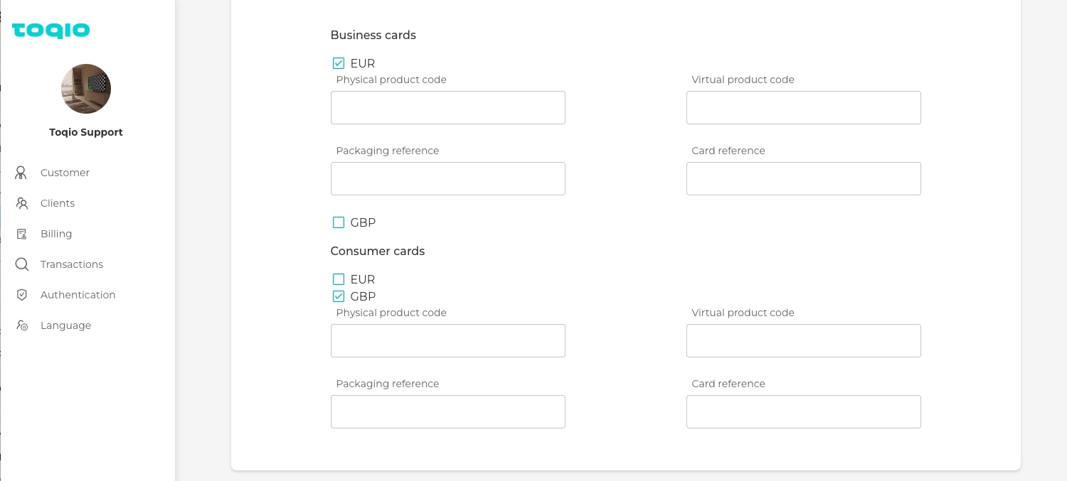 Railsbank card setup in the Admin portal