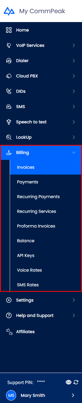 Screenshot of the Billing tab