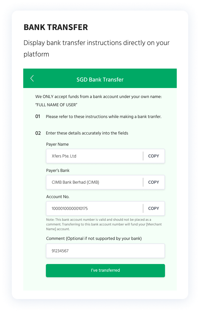 UI example of bank transfer instructions