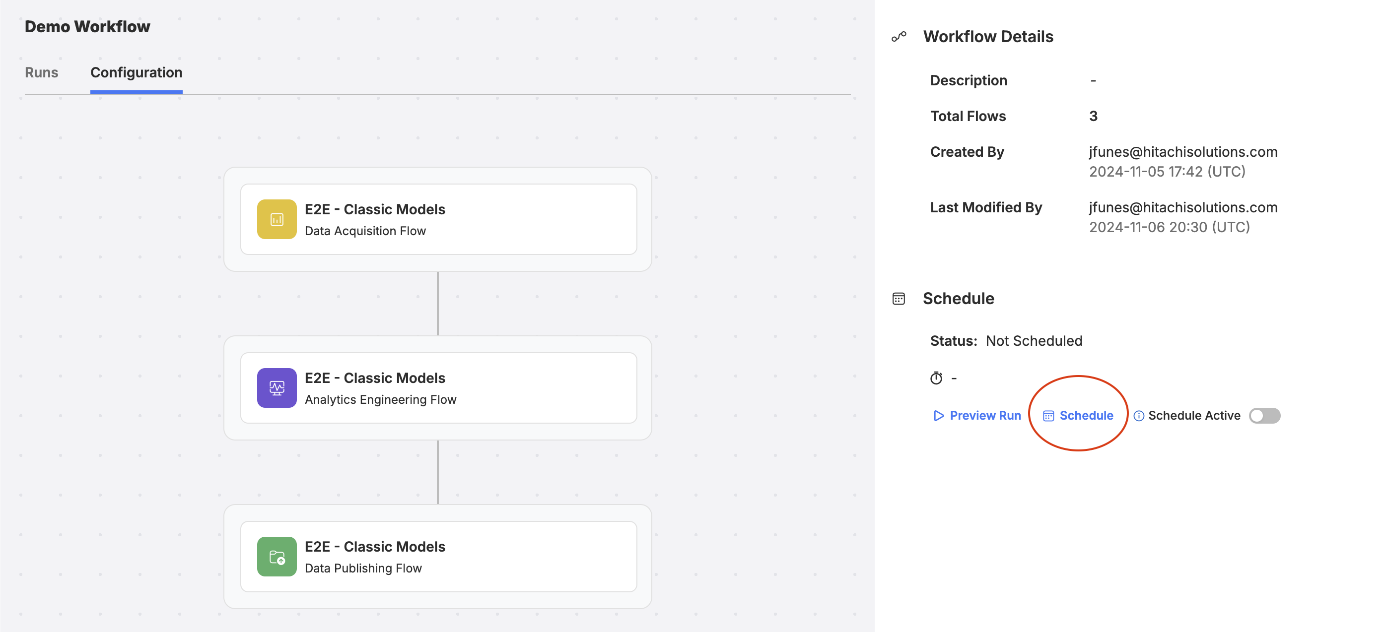 Click on the Schedule button from the Workflow configuration screen to setup or edit an automated run schedule.