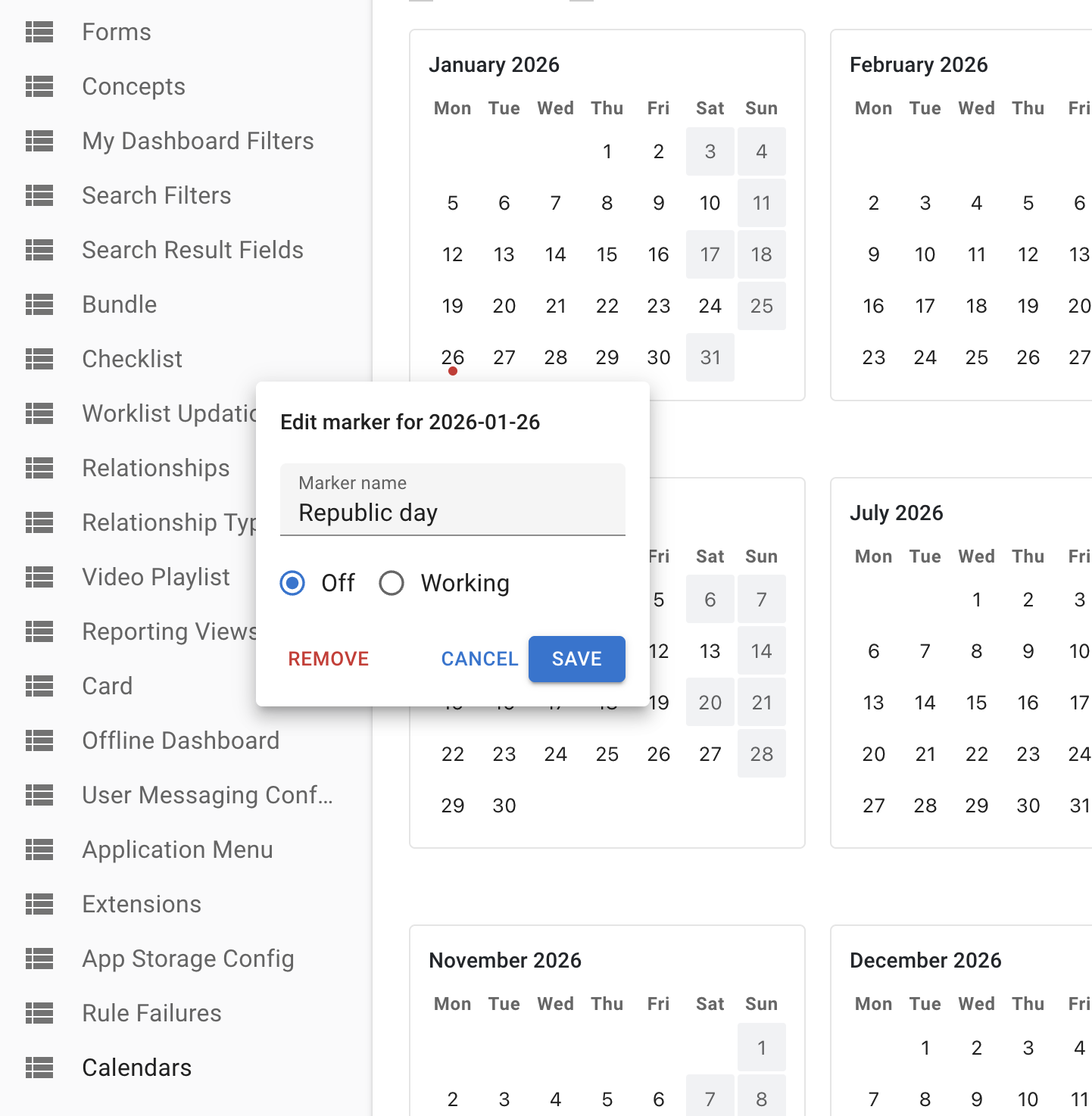 Popover marker editor — Off variant, marking 26 January as Republic day
