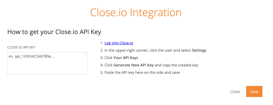 Entering Close API key