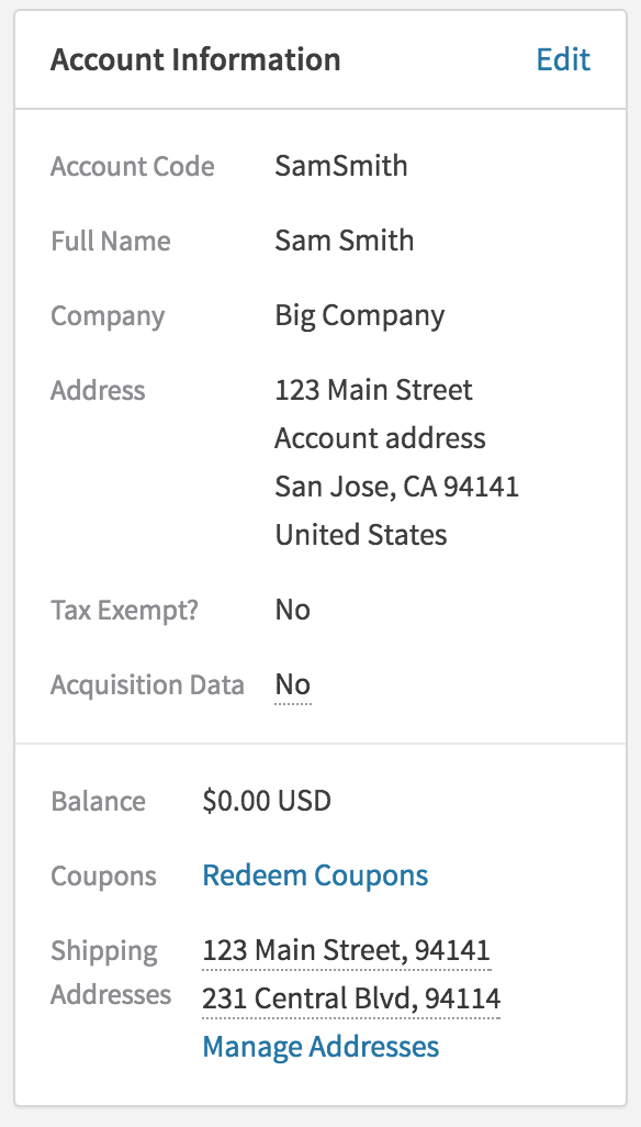 The Account Summary, which appears on the right of the Account Details page. It shows shipping addresses and provides a link to the "manage addresses" page where you can create, edit and delete shipping addresses.