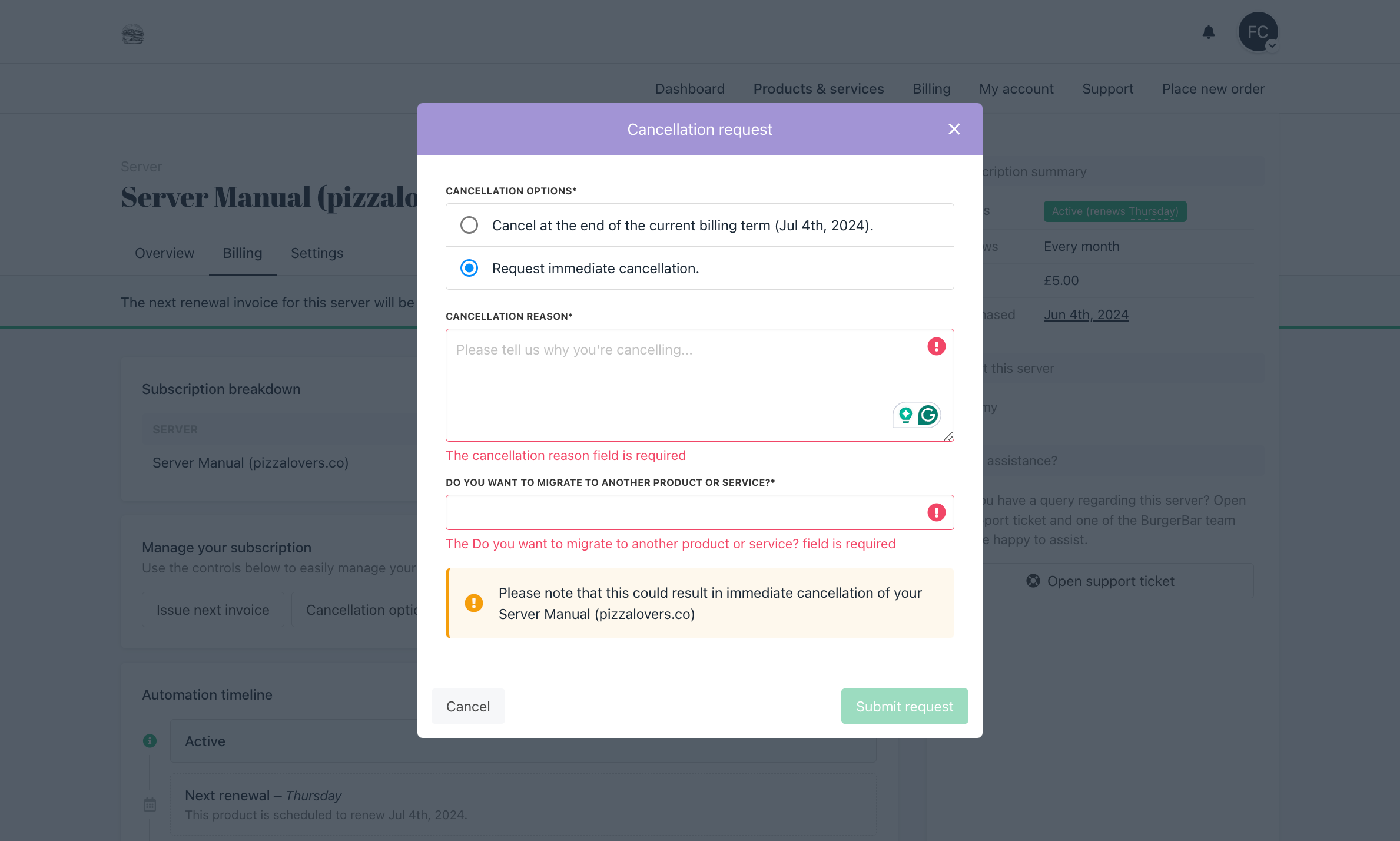 This is how the cancellation fields will look in the client area