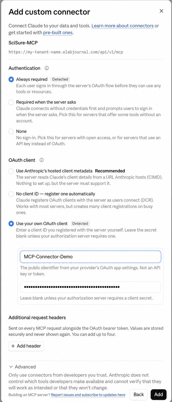 Claude custom connector OAuth configuration using a user-provided client ID and masked client secret