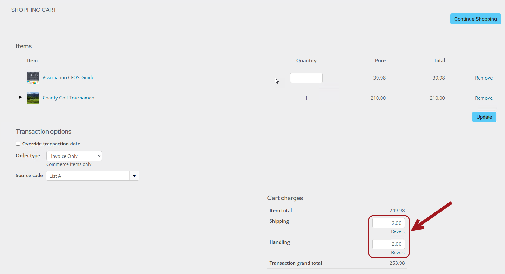 Arrows pointing to Shipping and Handling charges