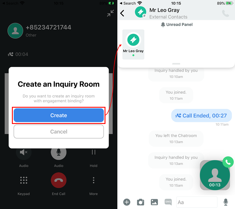 Prompt to create an enquiry room for saved contact during an outbound call in Engagement mode